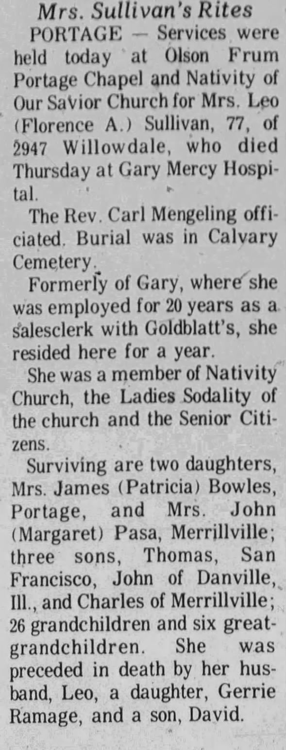 Obituary for Florence A. Sullivan (Aged 77)